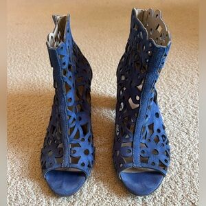 Blue Suede Laser Cutout Women's Shoe Booties